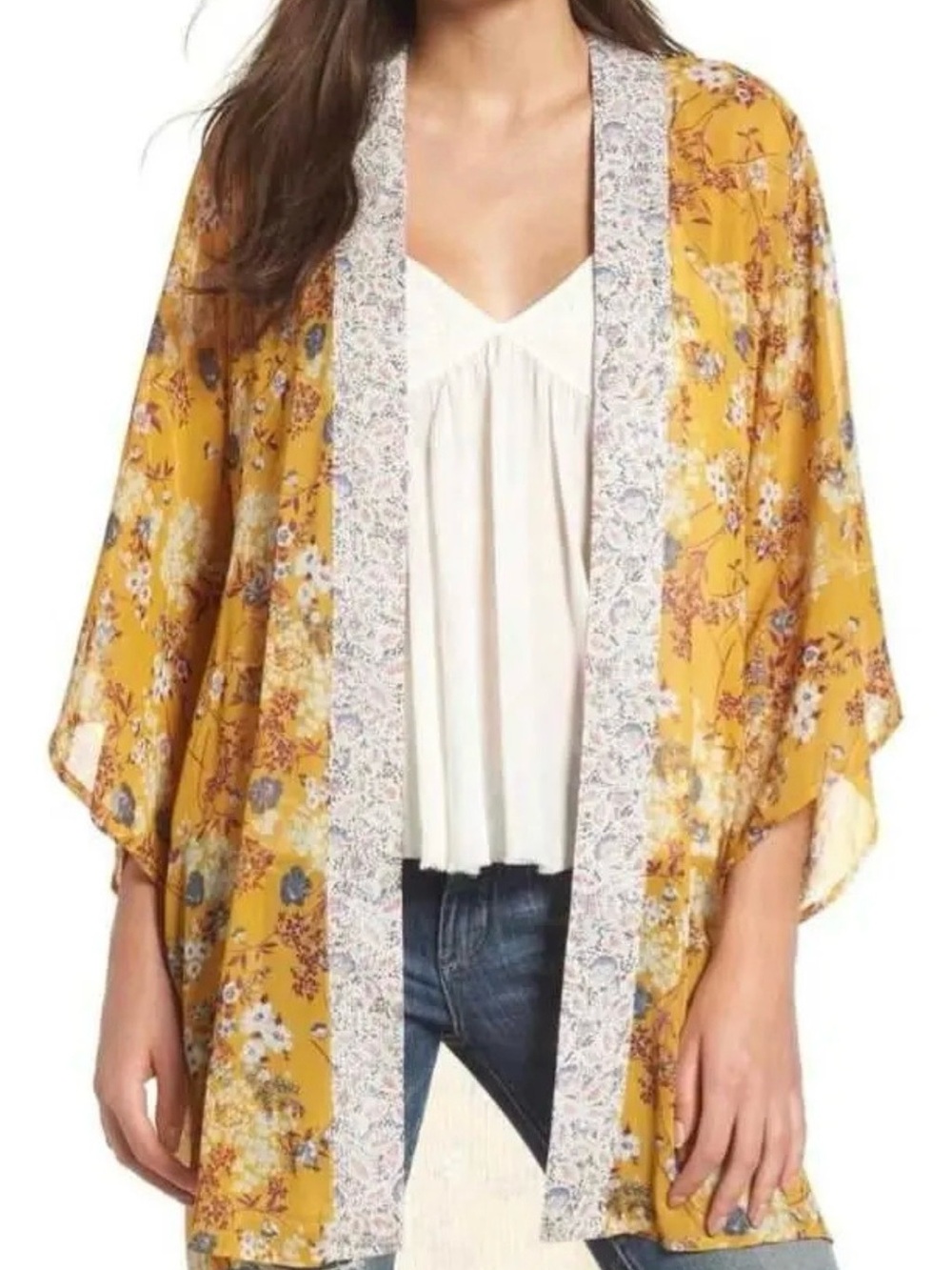 Band Of Gypsies Bohemian Kimono Sheer Open Front Cardigan Yellow Floral Size S